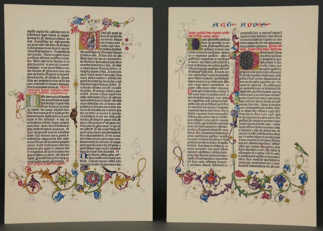 Cooper Square Gutenberg Bible Facsimile. 18 Leaves: [Bible] 18 Leaves from the 1961 Cooper Square Gutenberg Bible facsimile. Unbound. Approx 12 1/4" x 18". Condition Very good. Pages clean and unmarked, with colors and gilt vivid and bright.