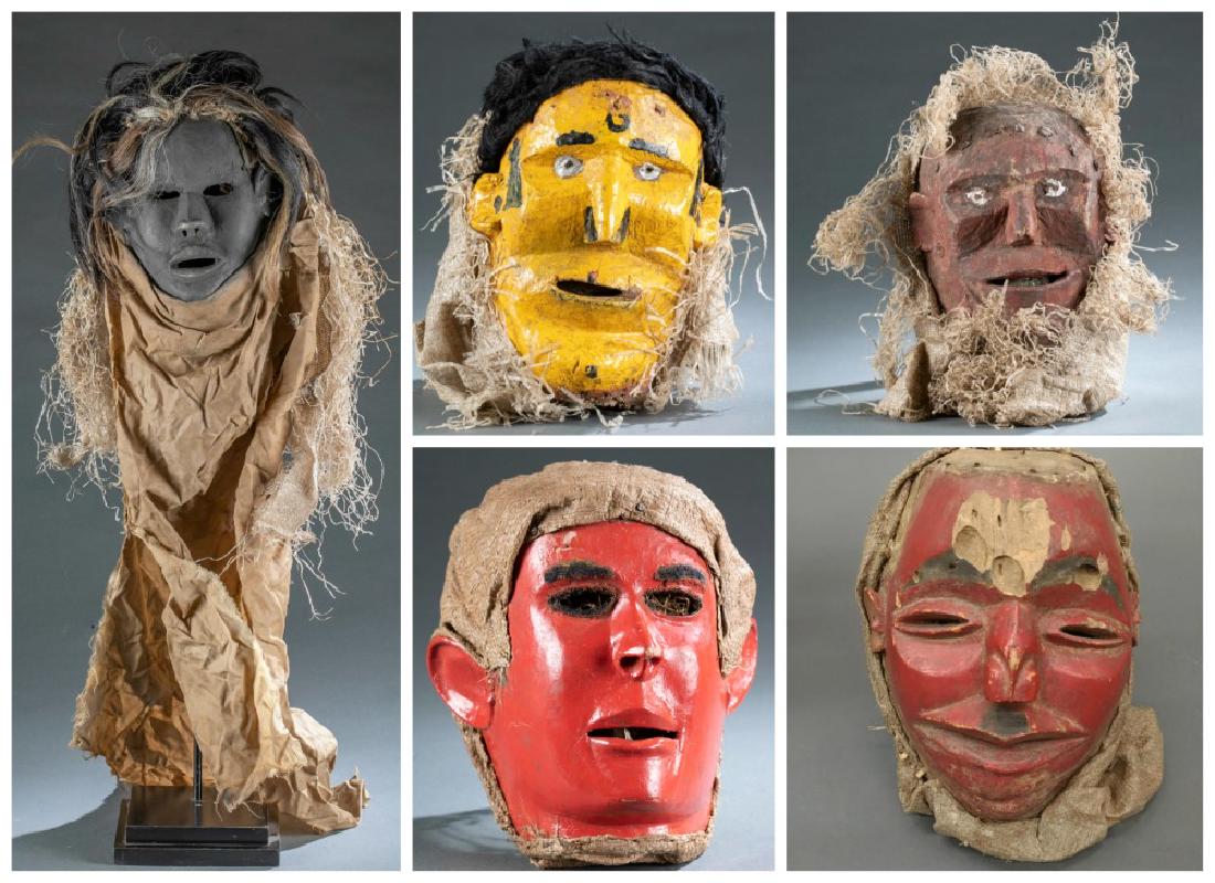 5 Malawi wooden folk masks. 20th century.: A group of five wooden folk masks. Malawi. 20th century. Largest: 24" x 9" x 6". Smallest: 10" x 7" x 7". Provenance: Attributed and collected by Brody. From a private collection, New York. Additional