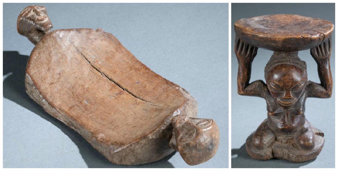 2 Central African utilitarian objects. 20th c.: A group of 2 Central African utilitarian objects. 20th century. ++ Songye double headed mortar. Democratic Republic of the Congo. 4 3/4" x 11" ++ Luba female caryatid stool. 4" x 5 1/2" x 3 3/4"_x000D