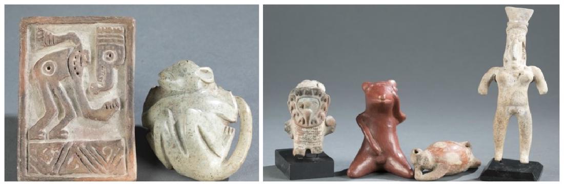 6 Pre-Columbian style objects.: A group of six Pre-Columbian style objects. ++ A group of 2 objects. ++ A group of 4 objects, Mexico. ++ Largest: 6 1/2"h x 3"w. Smallest: 1 1/4"h x 1 3/4"w x 4"d.