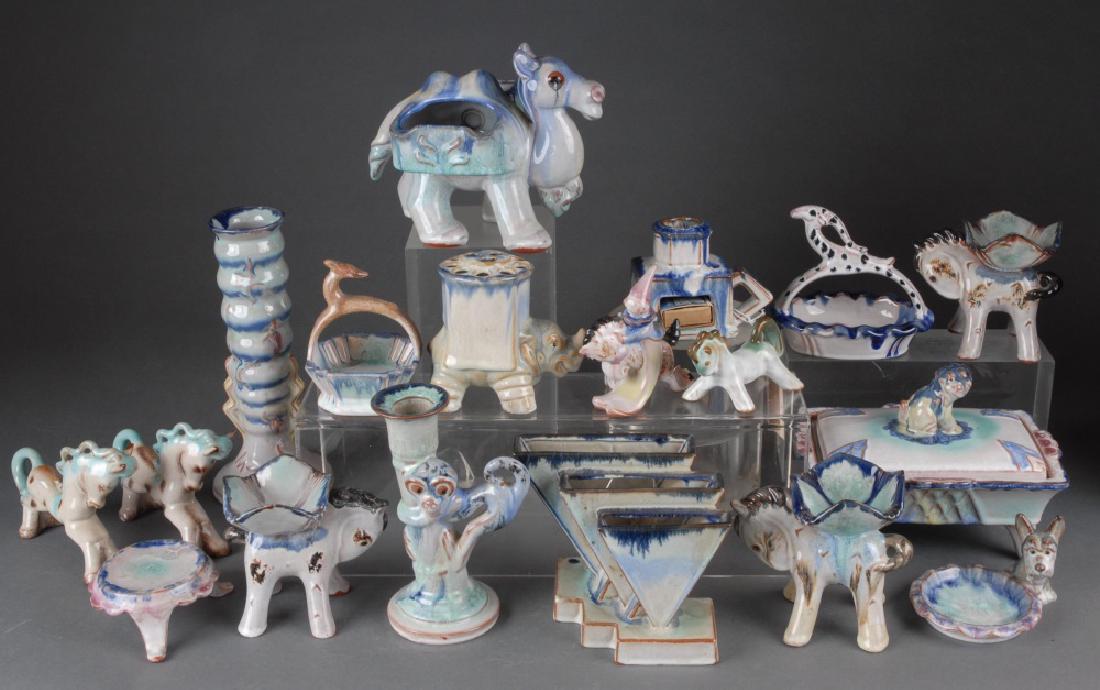 18 Erphila/Wilhelm Goebel pieces, 20th c.: A group of eighteen Erphila Wilhelm Goebel drip glaze pieces. 20th century. Czech/German imported by Ebeling & Reuss Philadelphia, Pennsylvania. Includes vase, candleholders. footed and lidded box, fi