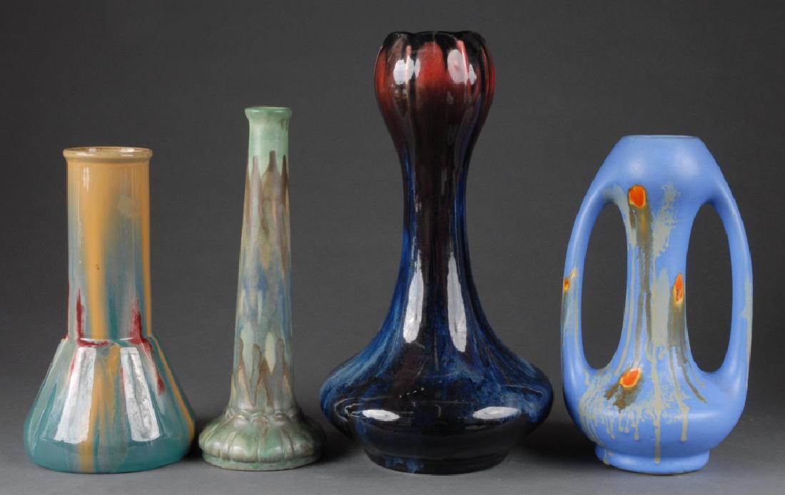 4 Belgium, Peters & Reed pieces, 20th c.: A group of four Belgium drip glaze and Peter & Reed Landsun pieces. 20th century. Belgian. Includes three vases and one double-handle vase. Marked on bottom. Largest: 12 1/2" x 6 3/4". Smallest: 8 7/8