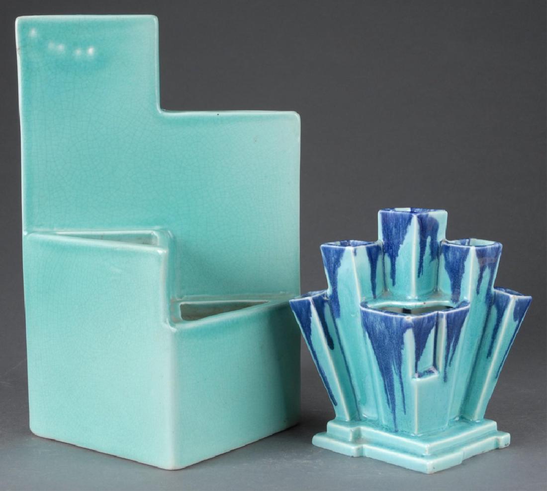 2 Nimy & Wilhelm Goebel Art Deco vases, 20th c.: A group of two Nimy and Wilhelm Goebel Art Deco geometric vases. 20th century. Belgian/German. ++ Nimy blue Art Deco geometric vase. Crazing throughout. Marked on bottom. 9" x 6 1/4". ++ Wilhelm Goebe