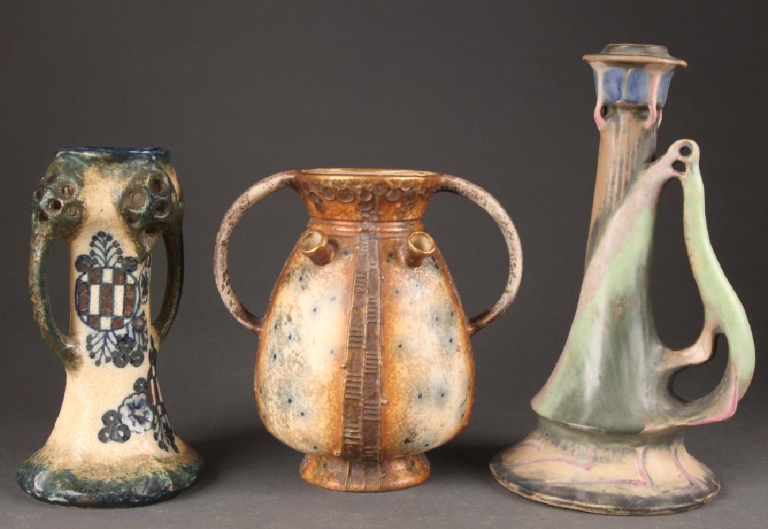 3 Riessner, Stellmacher, & Kessel pieces.: A group of three Riessner, Stellmacher, & Kessel pieces. 19th/20th century. Teplitz, Bohemian. Marked on bottom. ++ Amphora double-handle vase with stylized floral decoration. 8" x 4 1/2". ++ Amphora 