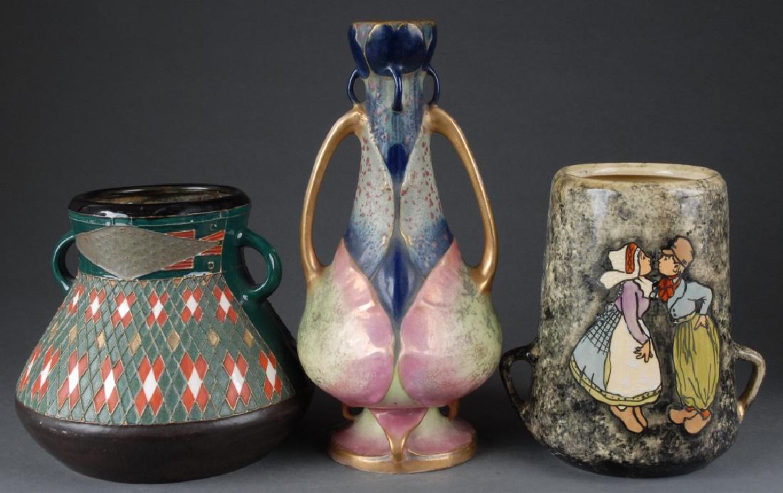 3 Riessner, Stellmacher, & Kessel pieces.: A group of three Riessner, Stellmacher, & Kessel pieces. 19th/20th century. Teplitz, Bohemian. Marked on bottom. ++ Amphora Art Nouveau double-handle vase. 11 1/4" x 5 3/4". ++ Two Stellmacher double-