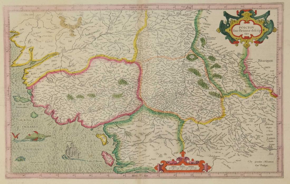 Mercator. Poictou Sive Pictaviae Descriptio. 1595.: [France] Gerard Mercator. Poictou Sive Pictaviae Descriptio. Double-page map. c.1595. Hand colored. Latin text on verso. Strapwork cartouche and scale, engraved ship and sea monster. Plate: 11 1/4" x