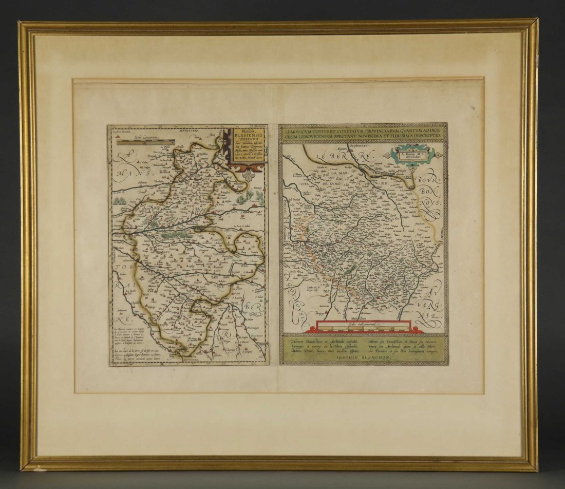 Ortelius. Blaisois, Lemovicum Totius... c.1600.: [France] Ortelius, Abraham (Flemish, 1527-1598). "Blaisois. Blesiensis Territorii..." [on sheet with] "Lemovicum Totius et Confinium Provinciarum Quantum..." c.1600-09. Hand-colored copper plate engra