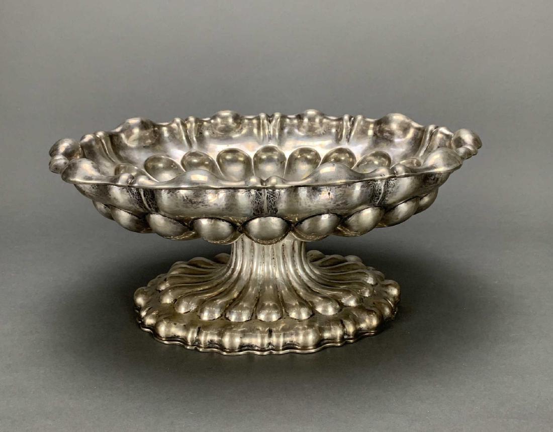Austro-Hungarian Silver Center Bowl. 19th-20th c.: [Silver] 19th to early 20th century Austro-Hungarian centerpiece serving bowl. Approx 6" in height, 13 1/2" wide. .800 Sterling. Weighs: Marked P3 with the face of Diana, and LJ separately. Total weig