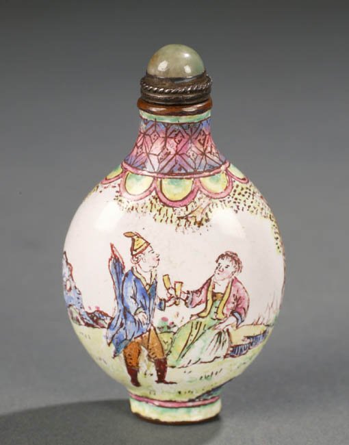 Canton enamel on metal Chinese snuff bottle w