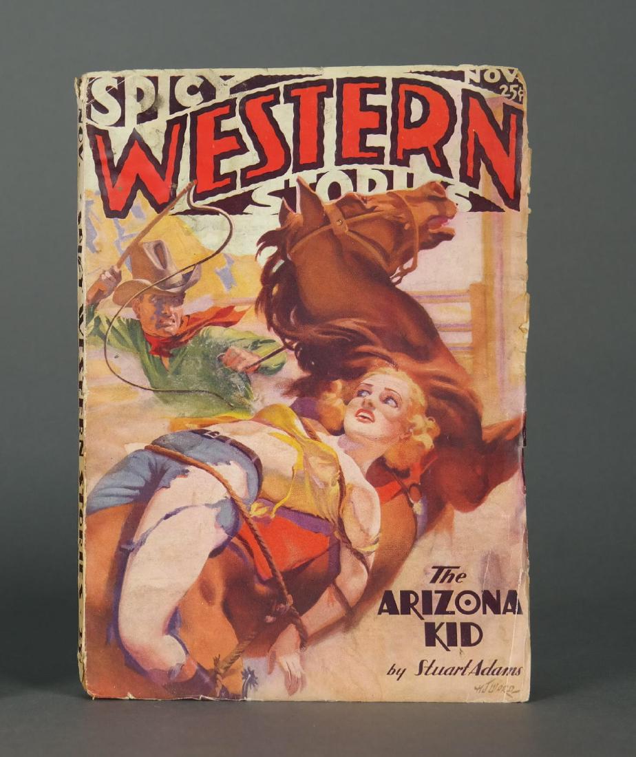 Spicy Western Stories. 1st issue. Nov, 1936.: [Pulp] Spicy Western Stories. Large 8vo. First issue; dated November, 1936, cover art by H. J. Ward. There are nine stories, including The Arizona Kid, by Stuart Adams, Vengeance Trail, by Mort Lansin