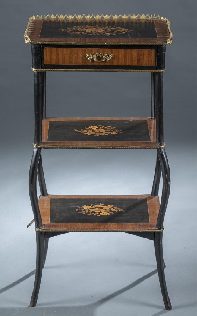 Louis XVI style, etagere stand, 19th century.: A Louis XVI style ebonized and marquetry etagere stand. 19th century. Pierced gallery with ormolu mounts. Ebonized gold with floral marquetry. Some wear to ebonized wood consistent with age and use. O