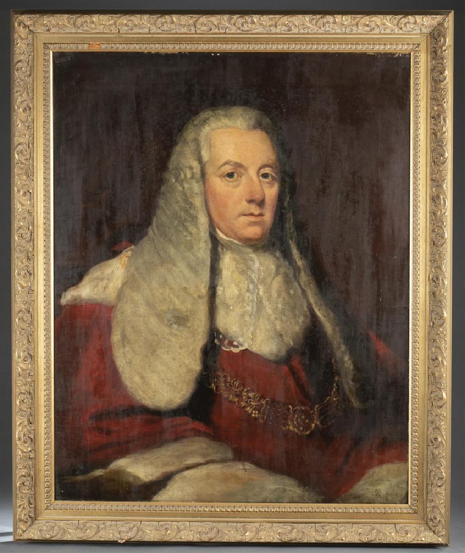 W H Mote, Portrait of Thomas Lefroy, 19th c., O/C.: After Mote, William Henry (British, 1803-1871). Portrait of a Judge Thomas Lefroy. Seated portrait in fine red robes and long white wig, mis-identified on verso in dealer block print: Thomas Cranfield