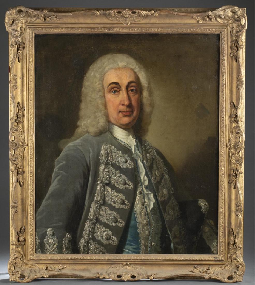 Unknown, Portrait of a Gentleman, 18th c., O/C.: unknown (British or Continental School, Mid 18th Century). Portrait of a Gentleman. Noble man in fine blue coat and vest and long white wig. Oil on canvas. Evident re-vanish all over surface. Areas of