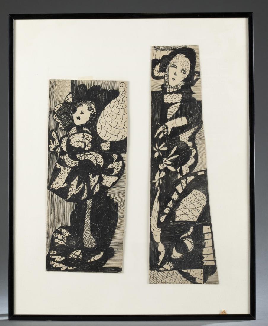 Madge Gill, 2 drawings, c. 1948, Pen and ink.: Gill, Madge (English, 1882-1961). Two drawings of women. Circa 1948. Pen and ink on card stock. Paper toned throughout. 12 1/2" x 5 1/8" and 15 1/2" x 4 1/2". Frame: 20" x 16".