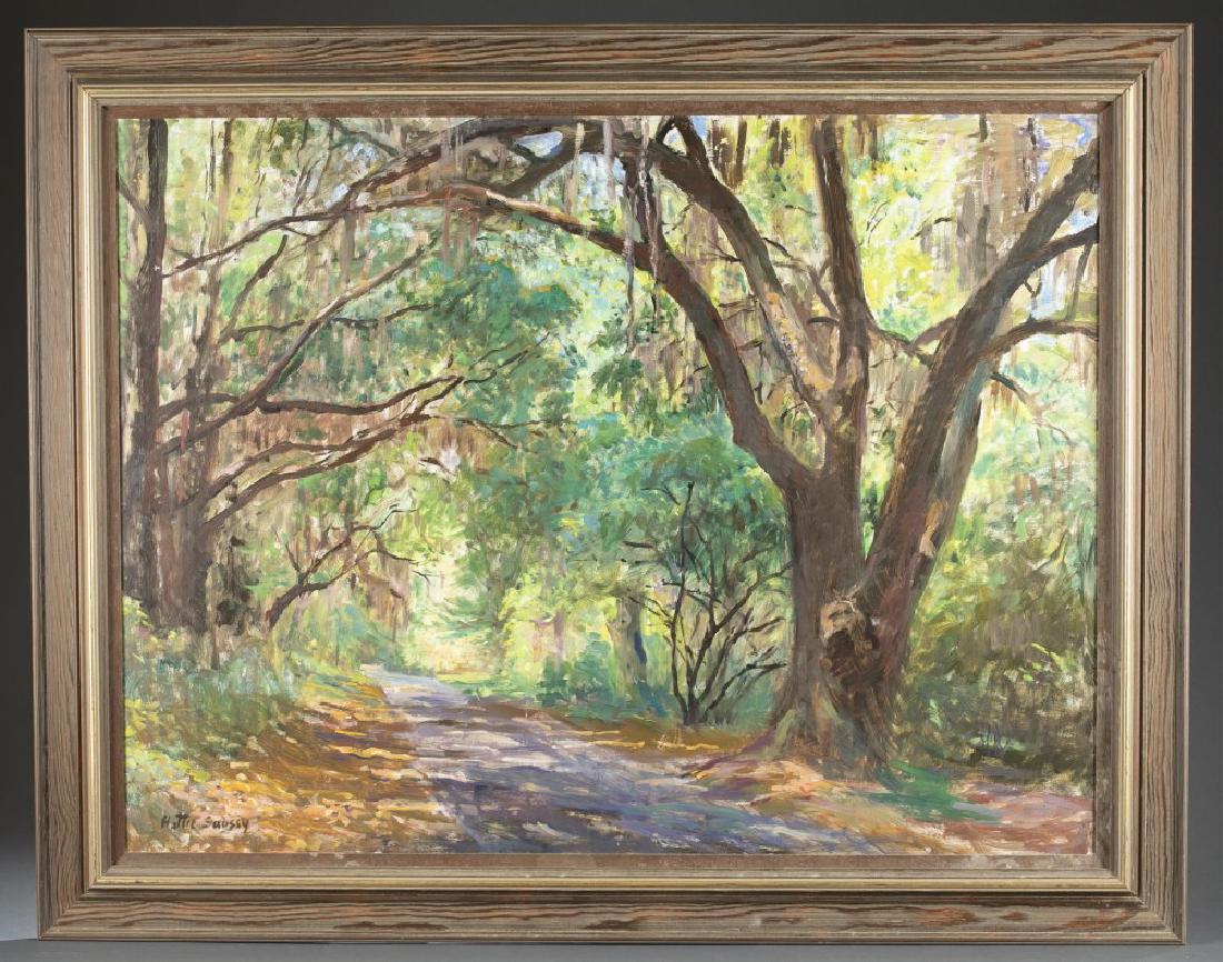 Hattie Saussy, Untitled Landscape, 20th c., O/C.: Saussy, Hattie (American, 1890-1978). Untitled landscape depicting a forest path. 20th century. Oil on canvas. Signed l.l. Sight: 25" x 32 1/2". Frame: 29 1/2" c 37".