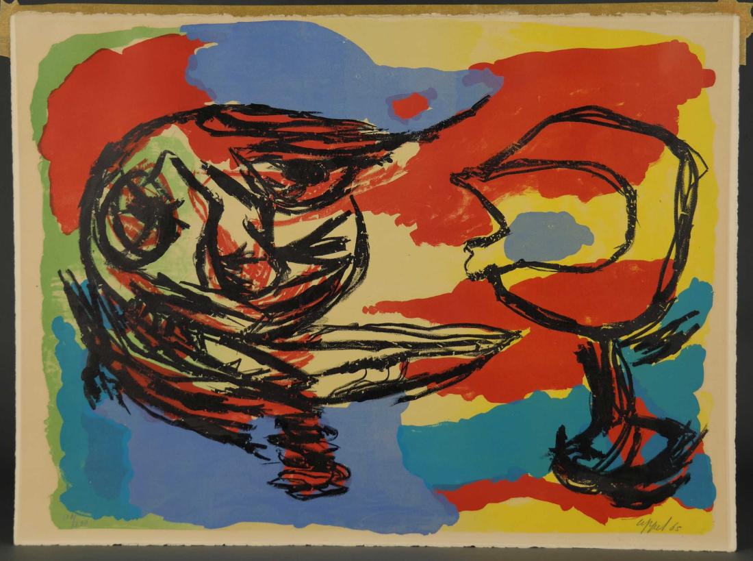 Karel Appel. Heads in a Colorful Landscape. 1965.: Appel, Karel (Dutch, 1921-2006). â€œHeads in a Colorful Landscape.” 1965. Lithograph in colors. Edition 116 of 200. Signed in pencil, l.r. Sheet: 22 1/4" x 30"._x000D_ Condition Near fine. T