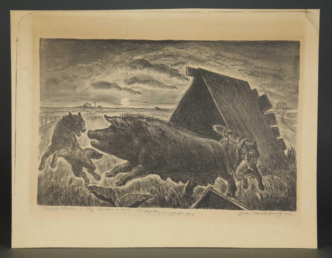 John Steuart Curry. Coyotes Stealing a Pig. 1927.: Curry, John Steuart (American, 1897-1946). "Coyotes Stealing a Pig." 1927. Lithograph. Second stone. Edition of 50. Signed in the plate, l.r., signed in pencil, l.r., inscribed, l.c. Cole 3. Sheet: 16