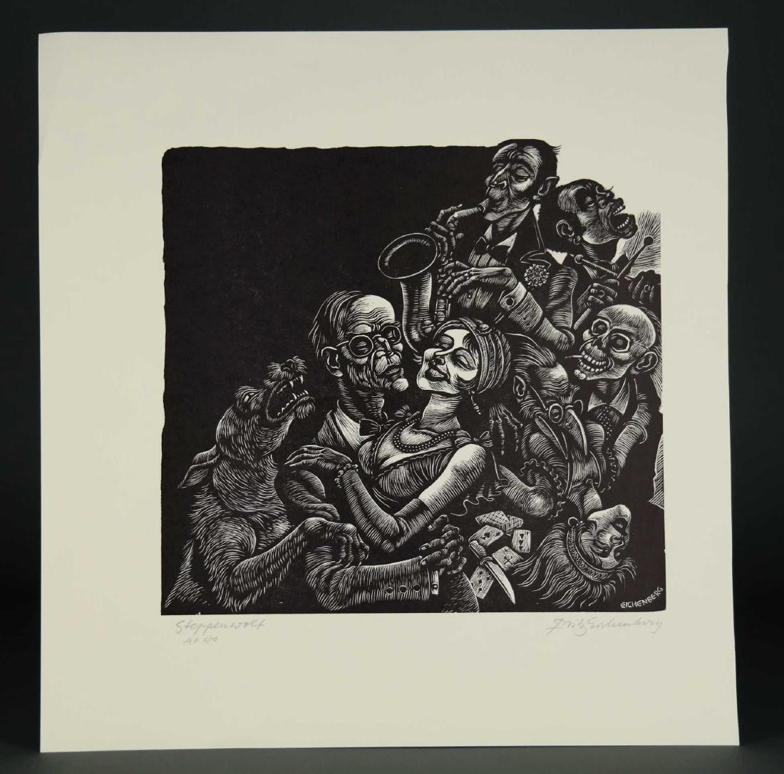 Eichenberg. 2 Woodcuts incl. Steppenwolf. 20th c.: Eichenberg, Fritz (German-American, 1901-1990). 2 Woodcuts: (1) "Steppenwolf". 1981. Artist's Proof edition 6 of 10. Signed in the plate, l.r., titled and editioned in pencil, l.l., signed, l.l. Sheet
