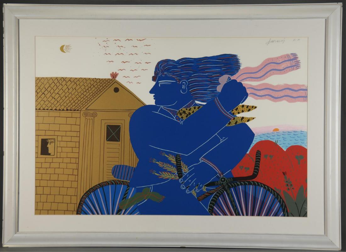 Alecos Fassianos. Cyclist. 20th c.: Fassianos, Alecos (Greek, b.1935). "Cyclist." 20th century. Serigraph in colors. Artist's proof. Signed and editioned in pencil, u.r. Image: 22 3/4" x 34 3/4". Framed: 31" x 42 3/4"._x000D_ Provenance
