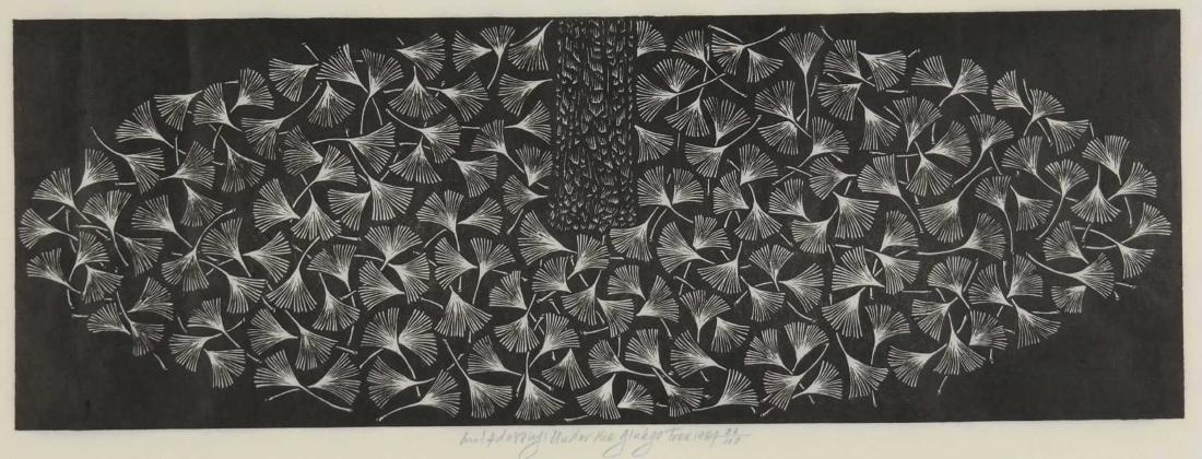 Jacques Hnizdovsky. Under the Ginkgo Tree. 1984.: Hnizdovsky, Jacques (Ukrainian-American, 1915-1985). "Under the Ginkgo Tree." 1984. Woodcut. Edition 26 of 100. Signed, titled, dated and editioned in pencil, l.c. Tahir 331. Image: 7" x 20"._x000D_ C
