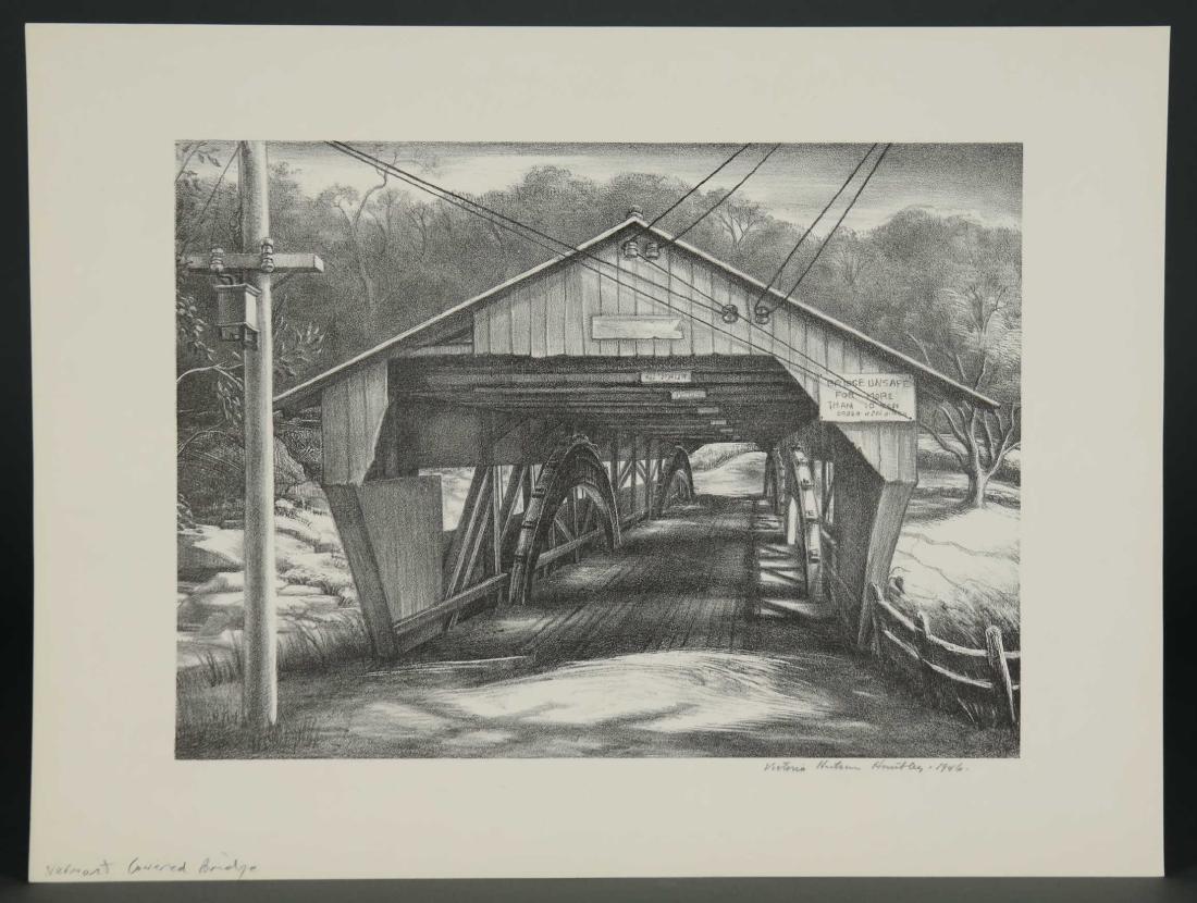 Victoria Huntley. Vermont Covered Bridge. 1946.: Huntley, Victoria Hutson (American, 1900-1971). â€œVermont Covered Bridge.” 1946. Lithograph. Signed and dated in pencil, l.r. Sheet: 12" x 15 7/8". Image: 9 3/4" x 12"._x000D_ Condition Nea