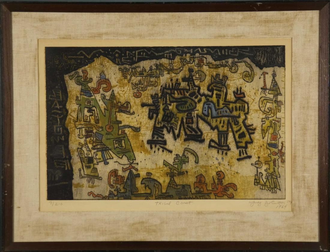 Ynez Johnston. Tribal Coast. 1964.: Johnston, Ynez (American, b. 1920). â€œTribal Coast.” 1964. Etching in colors. Edition 7 of 210. Editioned, titled, signed and dated in pencil, l.l., l.c., l.r., respectively. Framed: 18 1/2