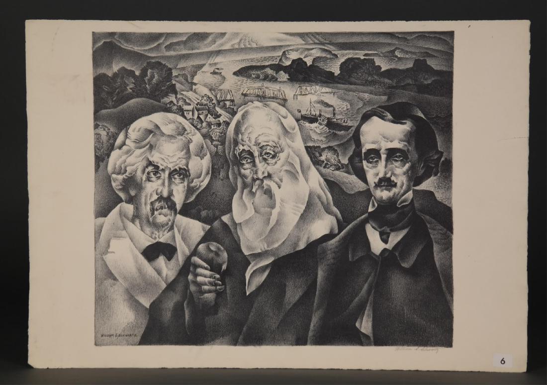 William Samuel Schwartz. Two Lithographs. 20th c.: Schwartz, William Samuel (Russian-American, 1896-1977). Two lithographs. (1) "Lithograph #60 [Poe, Whitman, Twain]." Signed in pencil, l.r. Image: 14 3/4” x 16 1/2”. Sheet: 16” x 23&