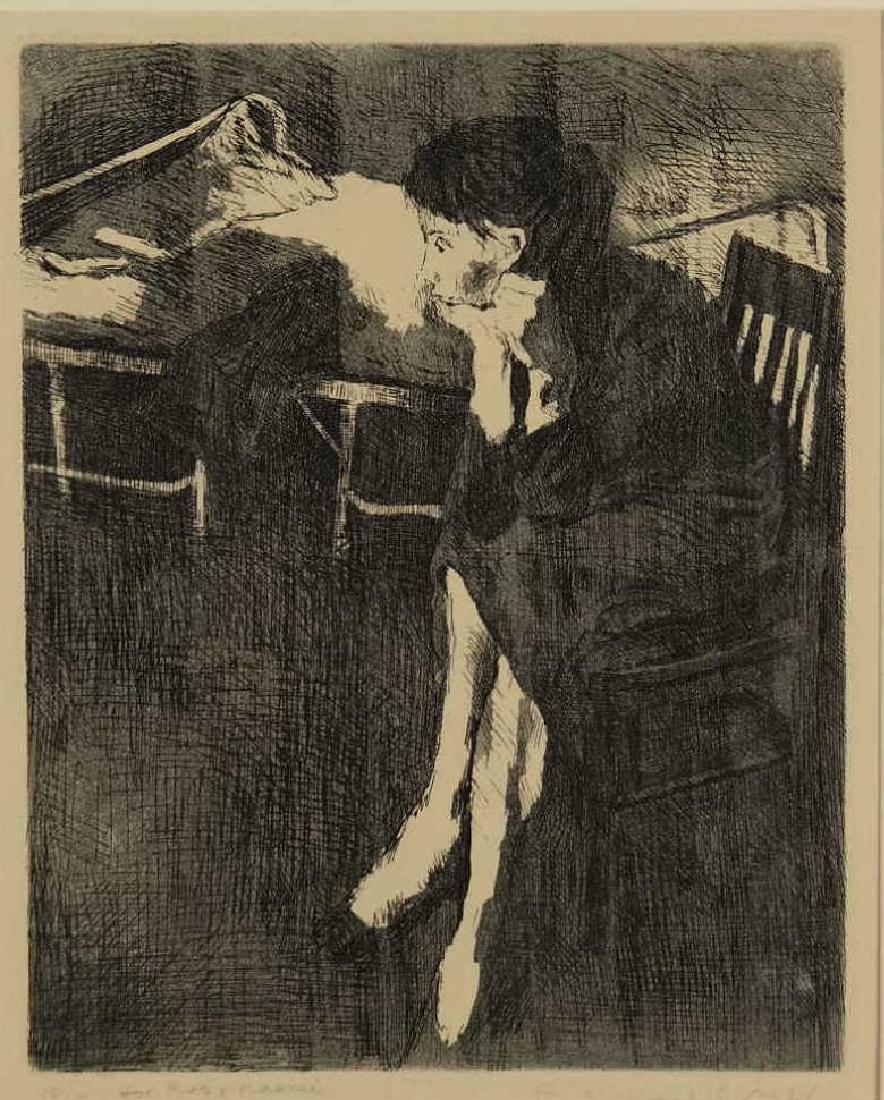 Raphael Soyer. Pensive Girl. c.1963. 18/50.: Soyer, Raphael (Russian-American, 1899-1987). "Pensive Girl." c. 1963. Lithograph. Edition 18 of 50. Editioned l.l., signed in pencil l.r. Inscribed in pencil, l.l.: "For Rob + Naomi". Mat: 18" x 14".