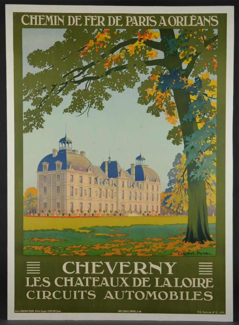 Cheval-Duval. Poster. Château de Cheverny. 1926.: Constant-Duval, Léon (French, 1877-1956). “Cheverny: Les Chateaux de la Loire Circuits Automobiles". Chemin de Fer. 1926. Lithograph poster. Imp. Chaix, Paris. Board: 42 3/4” x 30 3/4”. Sheet: 