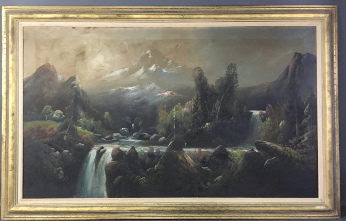 Continental School, 19th C, "View of the Alps" O/C: Continental School, 19th C, "View of the Alps" oil on canvas. Sight: 39 1/2" x 69 3/4". Antique frame: 49 3/4" x 78 1/2". As found with small hole at top center and two repairs.