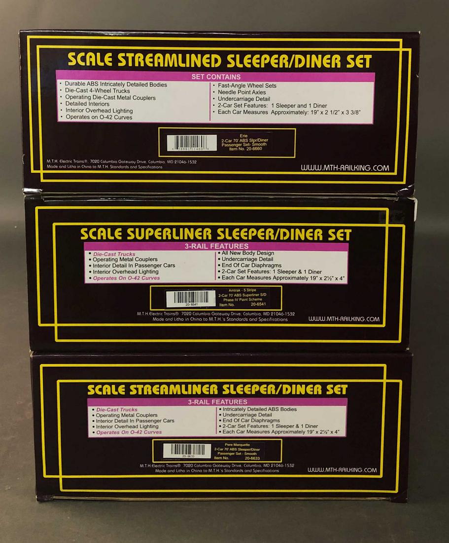 3 MTH Scale Streamliner Sleeper/Diner Set.: All MTH Electric Trains. All in original box. Scale Streamliner Sleeper/Diner Passenger Set, Item 20-6633 +++ Scale Streamliner Sleeper/Diner Passenger Set, Item 20-6541 +++ Scale Streamlined Sleeper/