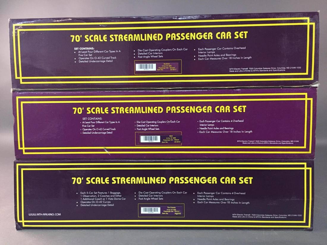 3 MTH 70' Scale Streamlined Passenger Car Set.: All MTH Electric Trains. All in original box. 70' Scale B&O Streamlined Passenger Car Set, Item 20-6513 +++ 70' Scale Chessie Streamlined Passenger Car Set Item 20-6549 +++ 70' Scale Southern Streamli