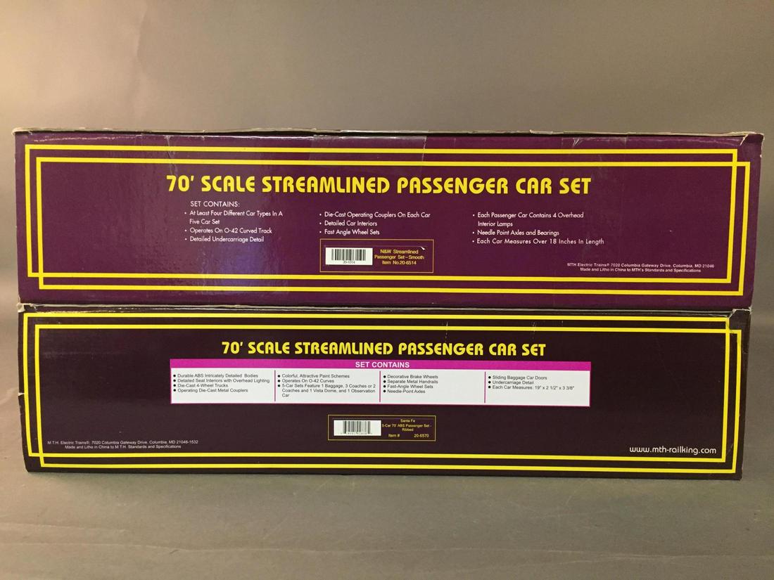 2 MTH 70' Scale Streamlined Passenger Car Set.: All MTH Electric Trains. All in original box. Santa Fe 70' Scale Streamlined Passenger Car Set-Ribbed, Item 20-6570 +++ N&W 70' Scale Streamlined Passenger Car Set, Item 20-6514.