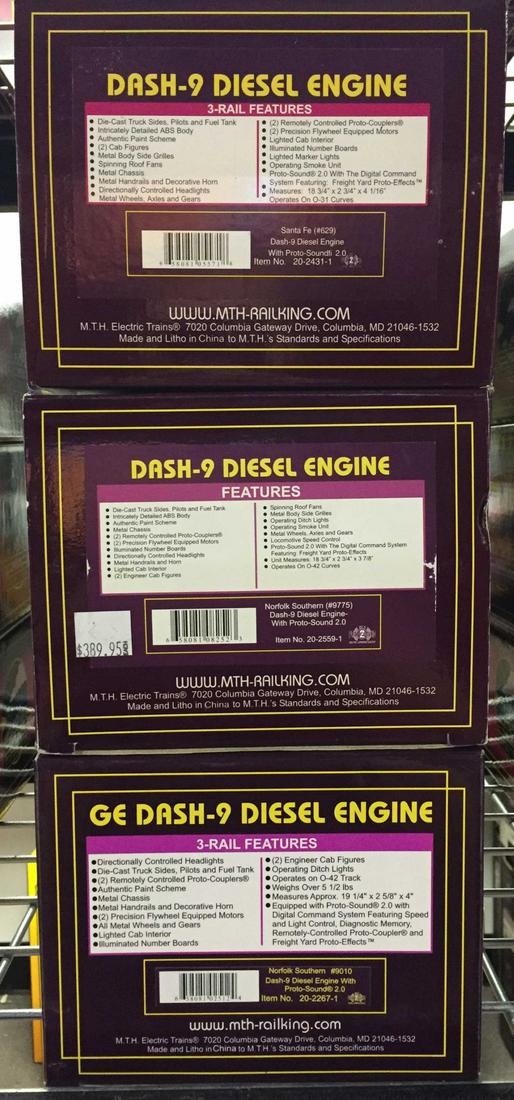 3 MTH Dash-9 Diesel Engines.: Norfolk Southern (#9775) Dash-9 Diesel Engine w/ Proto-Sound 2.0, Item 20-2559-1 +++ Santa Fe (#629) Dash-9 Diesel Engine w/ Proto-Sound 2.0, Item 20-2431-1 +++ Norfolk Southern #9010 G. E. Dash-9 Die