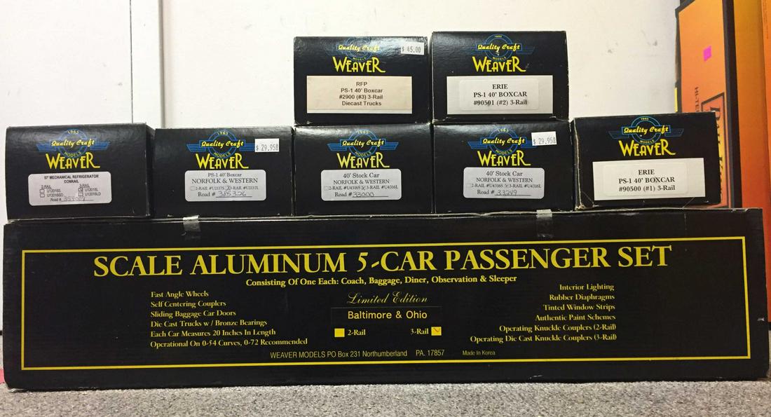 Weaver 3-Rail, O-Scale 5-Car Set and 7 Train Cars.: All Weaver. All 3-Rail. All in original box. Limited Edition Scale Aluminum 5-Car Passenger Set, B&O +++ 57' Mechanical Refrigerator, Conrail +++ PS-1 40' Boxcar, Erie +++ 40' Stock Car, N&W +++ 40' S