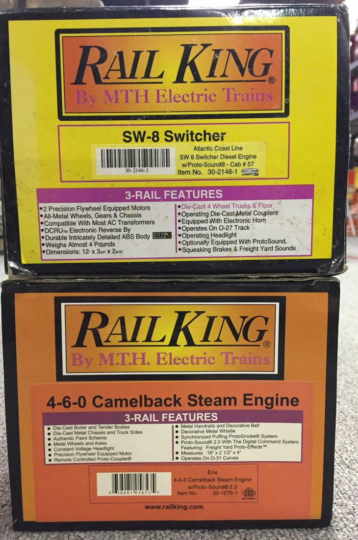 2 MTH RailKing Engines. One Steam, One Diesel.: MTH RailKing 4-6-0 Erie Camelback Steam Engine, w/ ProtoSound 2.0, 3-Rail, operates on O-31, Item 30-1275-1 +++ MTH RailKing Atlantic Coast Line SW-8 Switcher Diesel Engine w/ ProtoSound, Cab #57, 3-R