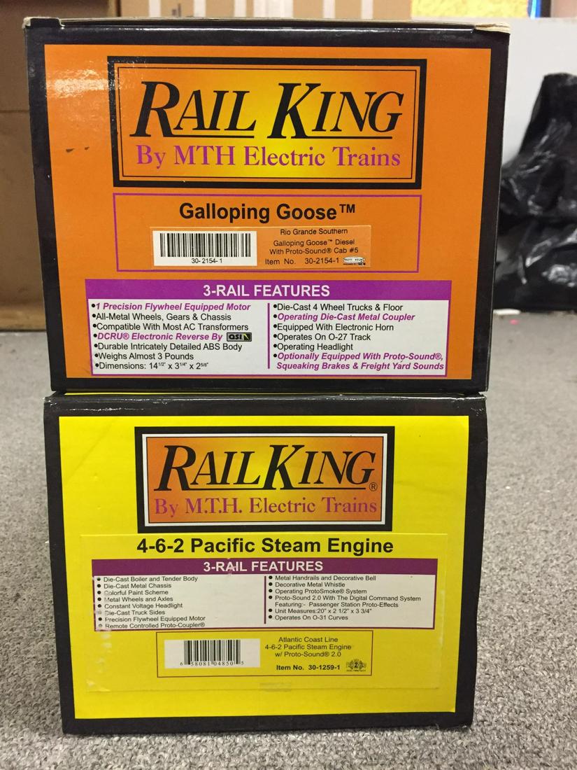 2 MTH RailKing Engines. One Steam, One Diesel.: MTH RailKing 4-6-2 Pacific Steam Engine, Atlantic Coast Line, w/ ProtoSound 2.0, 3-Rail, operates on O-31 Curves, Item 30-1259-1 +++ MTH RailKing Galloping Goose Diesel, Rio Grande Southern, w/ ProtoS