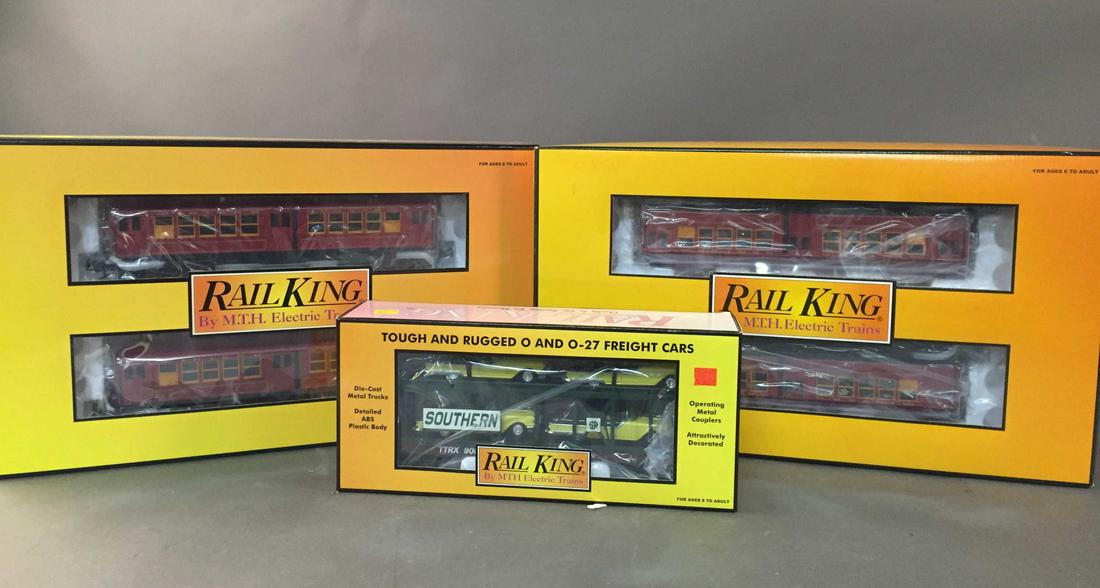 RailKing Subway Sets, 1 4-Car, 1 2-Car, &Train Car: All MTH RailKing. Metropolitan (Red) 4-Car Lo-V Subway Set w/ ProtoSound 2.0, operates on O-31 Curves, Item 30-2448-1 +++ Metropolitan (Red) 2-Car Lo-V Add-On Non-Powered Subway Set, operates on O-31 