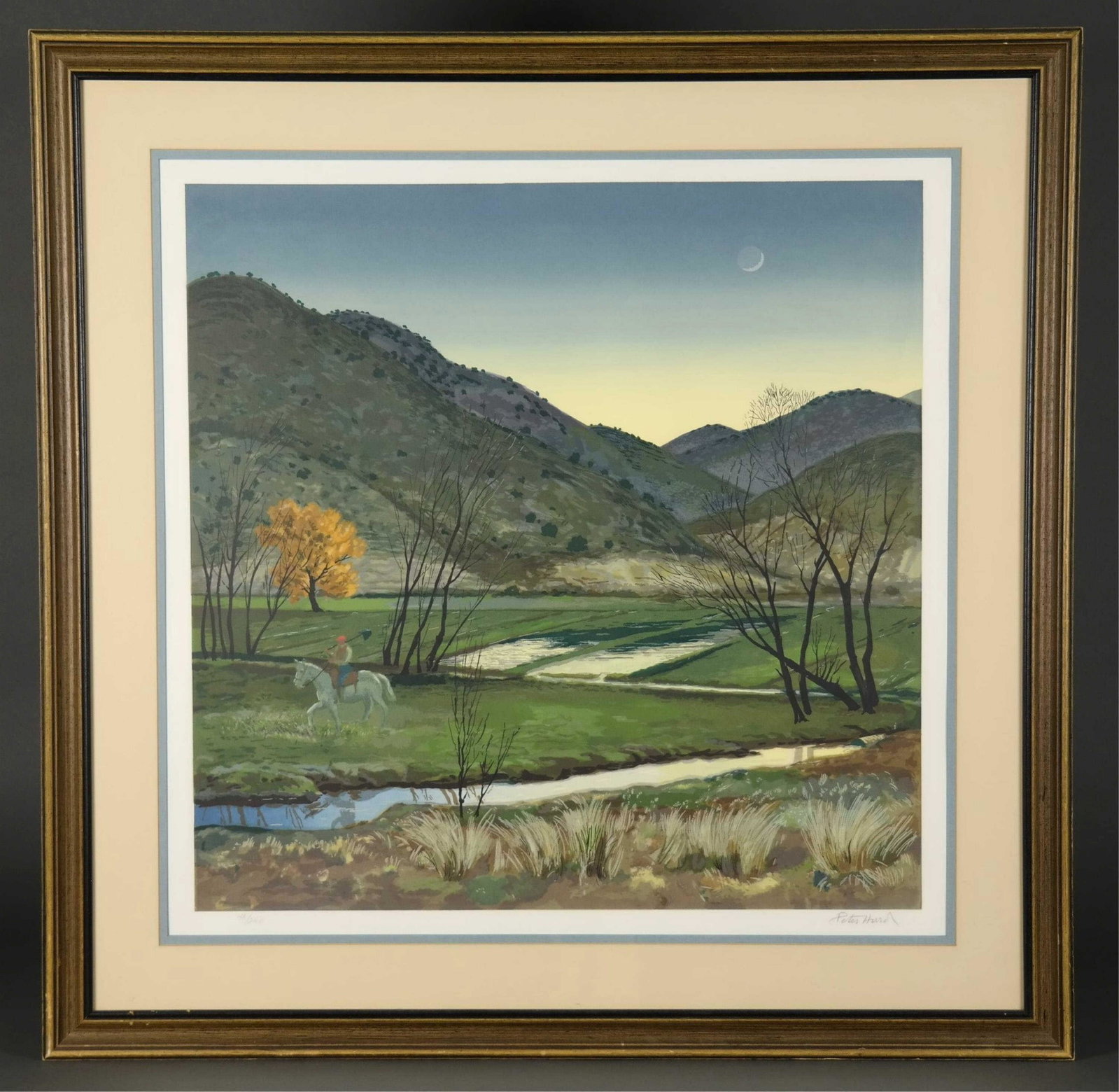 Peter Hurd. Dusk Landscape with Lone Rider. 20th c: Hurd, Peter (American, 1904-1984). "Dusk Landscape with Lone Rider." 20th century. Lithograph in colors. Edition 26 of 250. Signed in pencil, l.r., editioned, l.l. Frame: 31" x 31". Image: 22" x 22"._