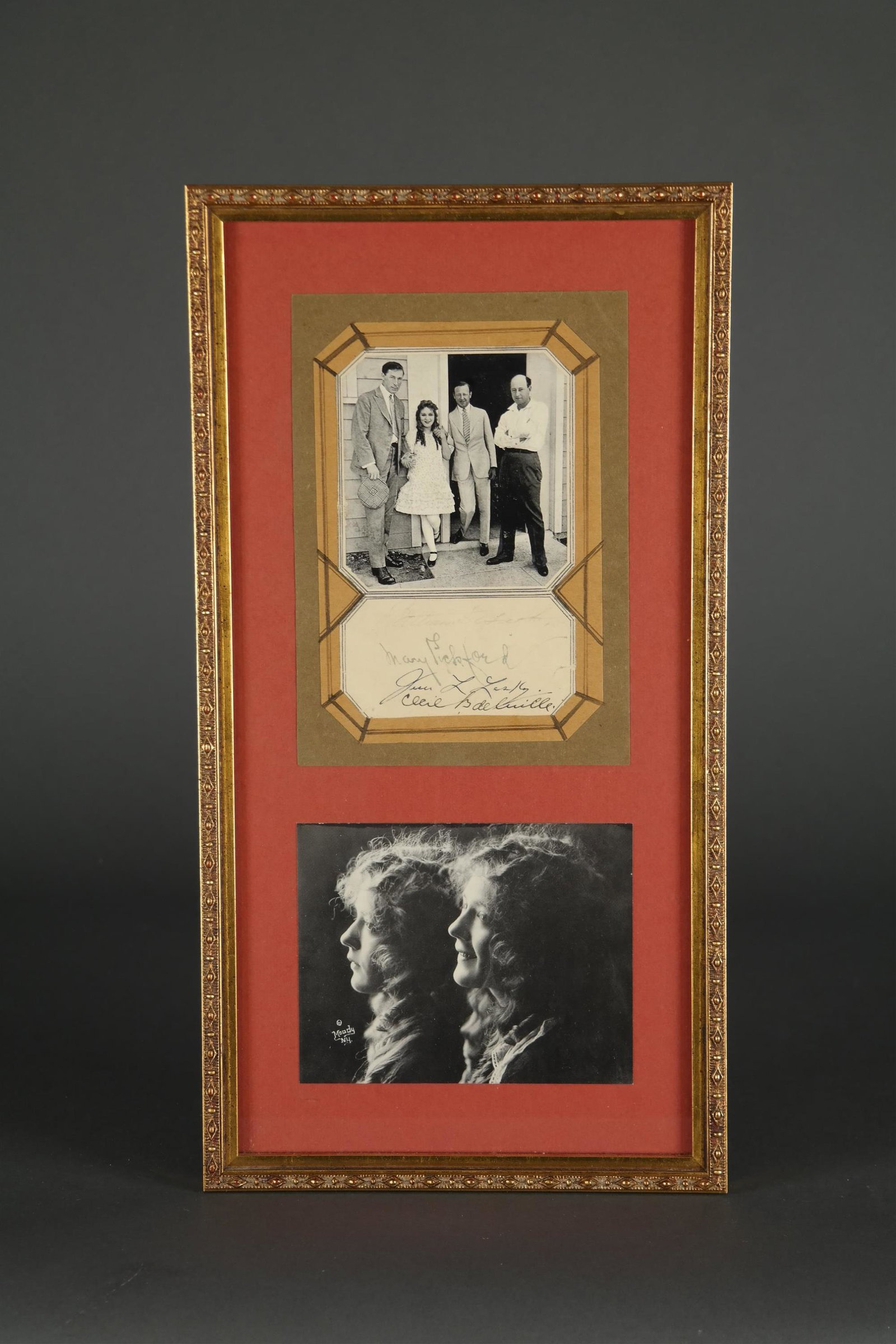 Pickford, DeMille, Lasky, Hart. Photograph Sgd.: [Autograph] DeMille, Cecil B. (1881-1959), Mary Pickford (1893-1979), Jesse L. Lasky (1880-1958), and Adolph Zukor (1873-1976). All four associated with film, Pickford as actor, the others as producer