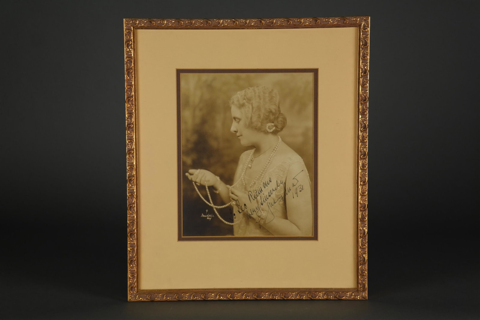Geraldine Farrar. Vintage Photograph Sgd.: [Autograph] Farrar, Geraldine (1882-1967). Signed Vintage Photograph, 8" x 10" sepia, â€œTo Leo Riemeus very sincerely Geraldine Farrar 1927.” Photo by Mishkuc, NY. Framed._x000D_ Condition 