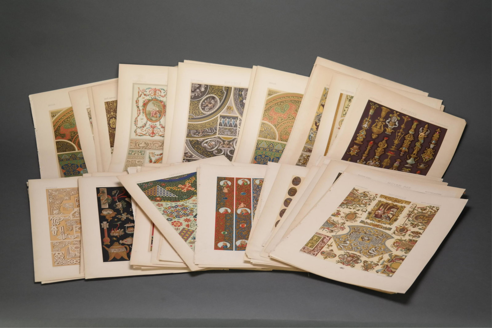 Racinet. L' Ornament Polychrome. Paris, 1869-87.: [Decorative Arts] Racinet, Albert Charles Auguste (1825â€“1893). 100+ plates from L' Ornament Polychrome. Chromolithographs. Paris, 1869-87. Unbound. Approx: 11" x 15"._x000D_ Condition Wear to p