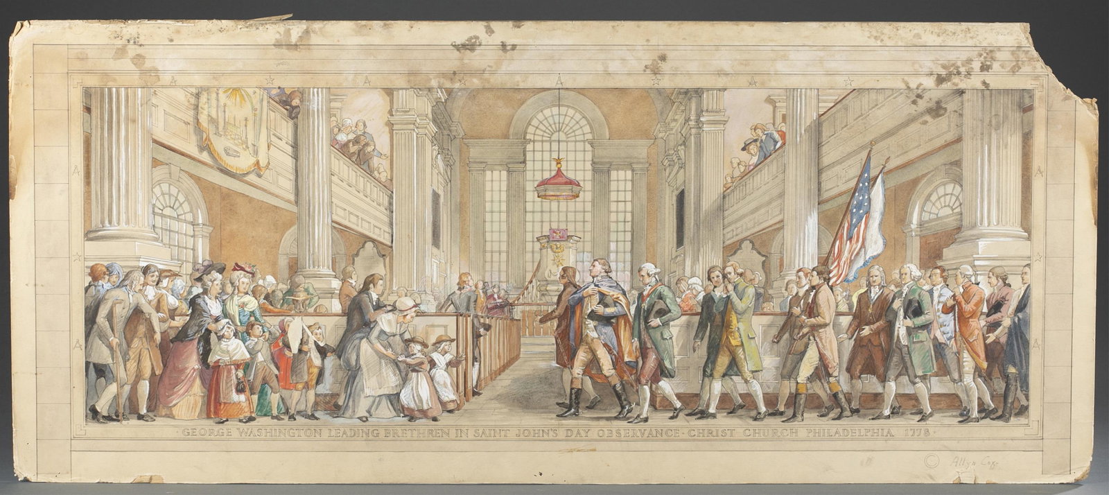 Allyn Cox. Masonic Temple Grand Hall Mural.: [Allyn Cox] Cox, Allyn (American, 1896-1982). Muralist best known for his works in the U.S. Capitol, the George Washington Masonic National Memorial in Alexandria, VA. 5 pieces. Mural watercolor w/ 4 
