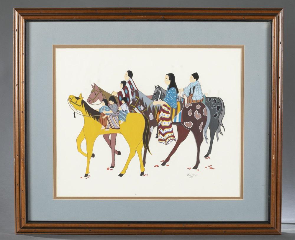 Virginia Stroud, Horseback Riding, 1978, Gouache.: Stroud, Virginia Alice (Cherokee, b.1951) Brightly colored painting depicting Native American men, women, and children on horseback. 1978. Gouache on paper. Signed and dated l.r. Sight: 14_x000D_ 1/2"