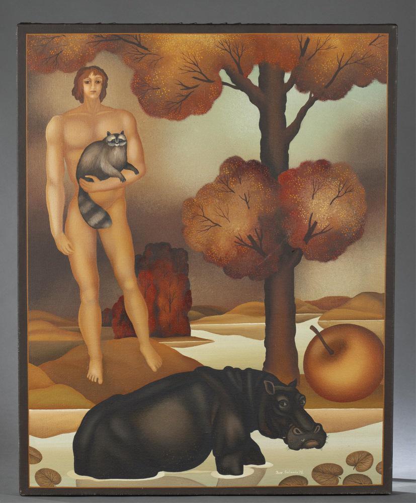 Igor Galanin, Adam Alone, 20th/21st c., A/C.: Galanin, Igor (Russian/ American, b.1937). "Adam Alone." Adam standing in the Garden of Eden holding a raccoon under the Tree of Knowledge. 20th/21st century. Acrylic on canvas. Signed l.r. 30" x 24".