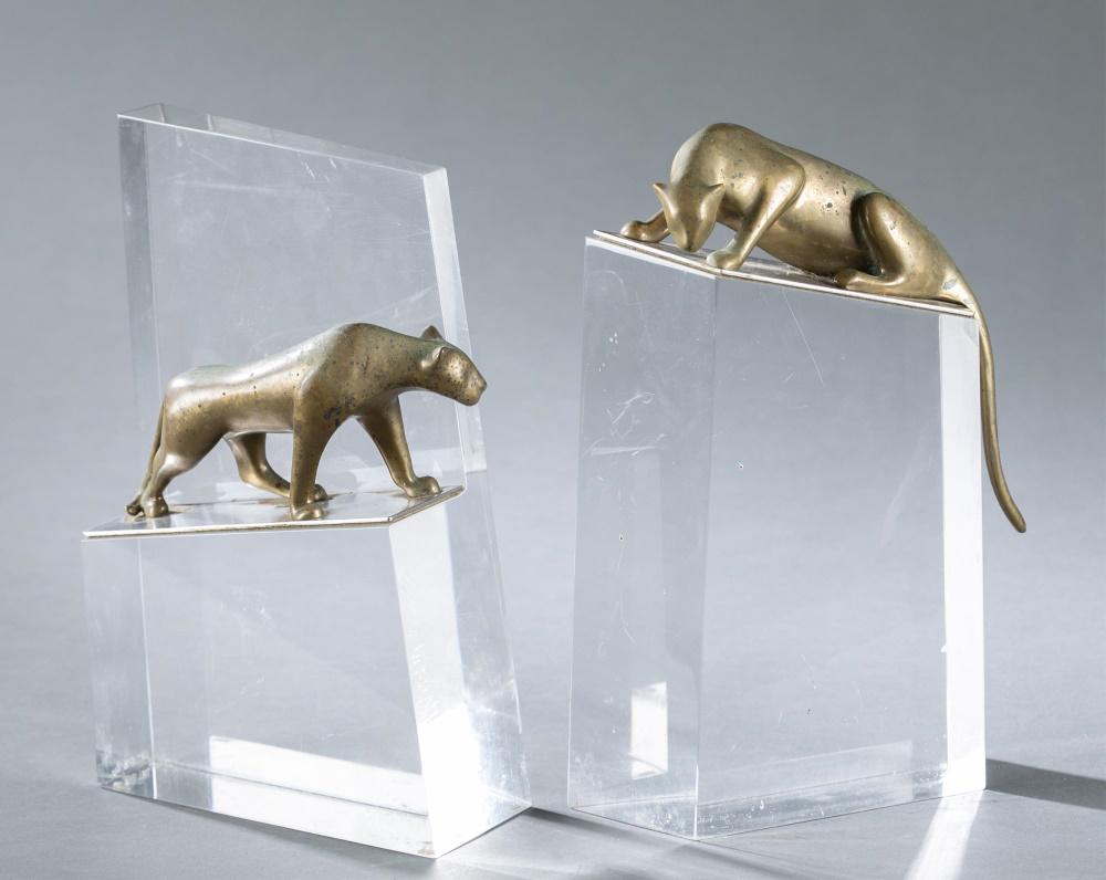 2 Loet Vanderveen, panther, bronze acrylic blocks.: Vanderveen, Loet (Dutch, 1921-2015). Bronze on acrylic. 20th century. Pair of bronze panthers on acrylic blocks. Marked on bottom of acrylic "Loet 131/500" and "Loet 94/500." Patina and discoloration 