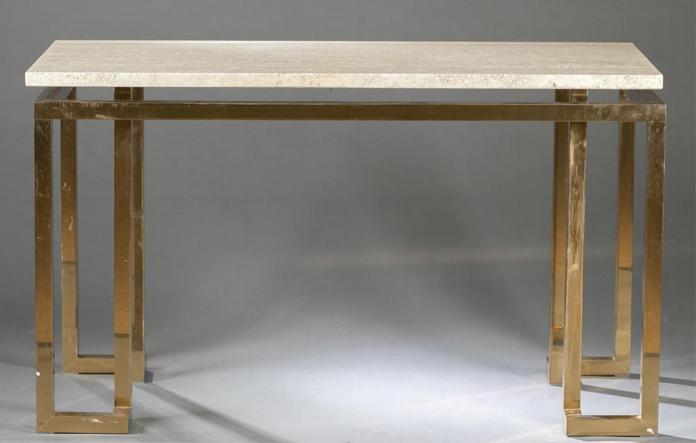 Modern marble-top brass console table.: A modern marble-top brass console table. Rectangular marble veneered top on geometric brass base. 32" x 54" x 24"._x000D_ Condition: Requires third party professional art handlers or shippers for tran