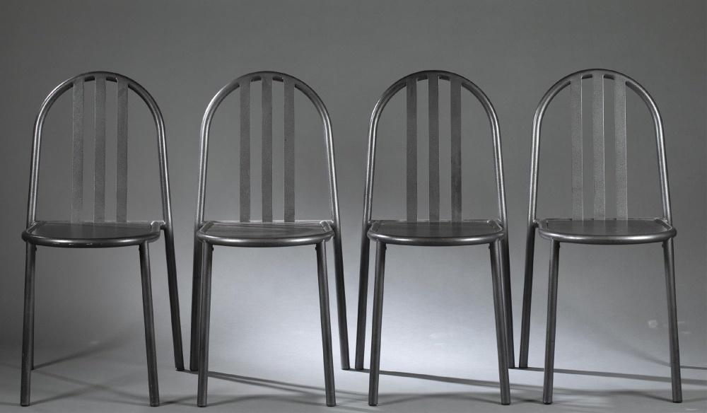 4 Robert Mallet-Stevens steel chairs, 1980s.: A group of four Robert Mallet-Stevens (French 1886-1945) lacquered steel chairs. Circa 1980s. Round crest with three splats on rounded seat. Stackable. Impressed "RMS" on bottom. Marked "Made in Franc