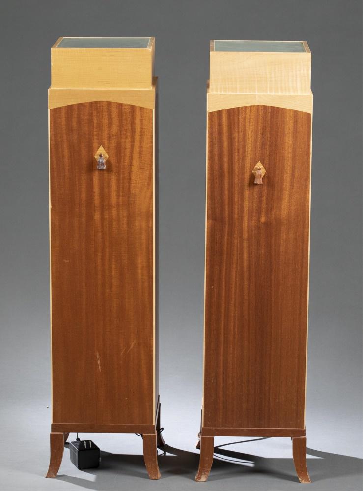 Chris Horney, lighted pedestals, 2006.: Horney, Chris (American, b. 1964). A pair of two lighted pedestals. 2006. Glass panel square top above light panel. Maple square top. Mahogany body with maple inlaid escutcheons and carved mahogany ta