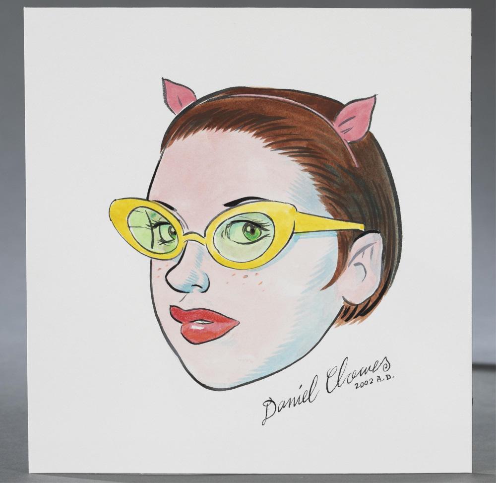 Daniel Clowes, Cartoon style portrait, 2002.: Clowes, Daniel (American, b.1961). Cartoon style portrait of a woman with yellow glasses and cat ears. 2002. Ink and watercolor on paper. Signed and dated l.r. 7 1/8" x 6 7/8".
